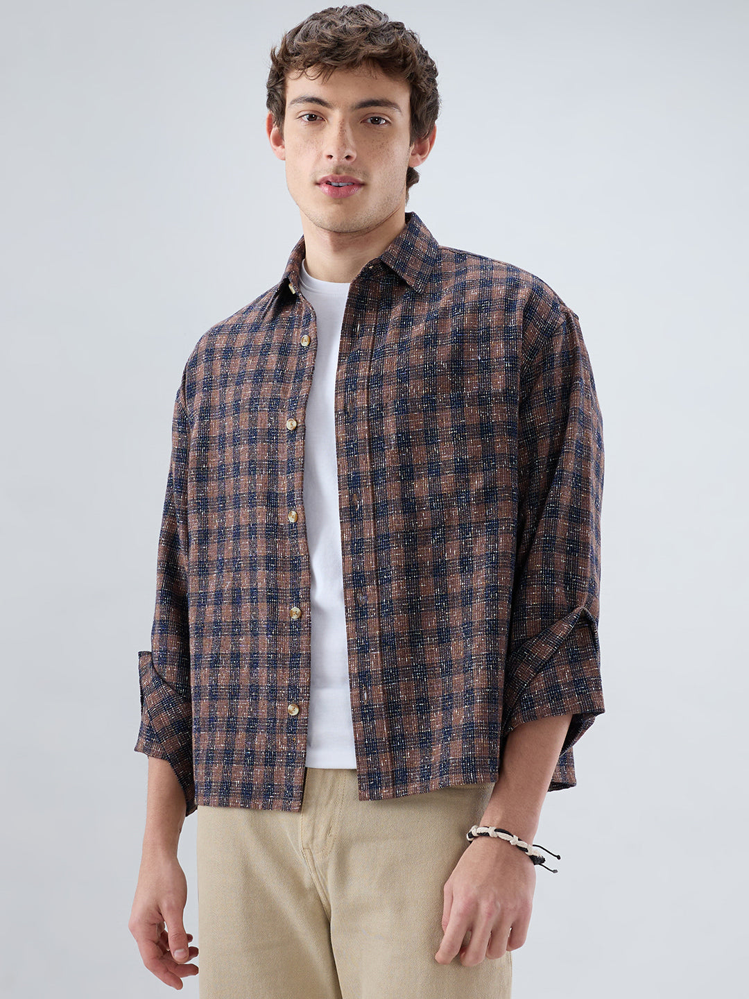 Raunak Edit Glossy Navy & Brown Checked Oversized Crop Shirt