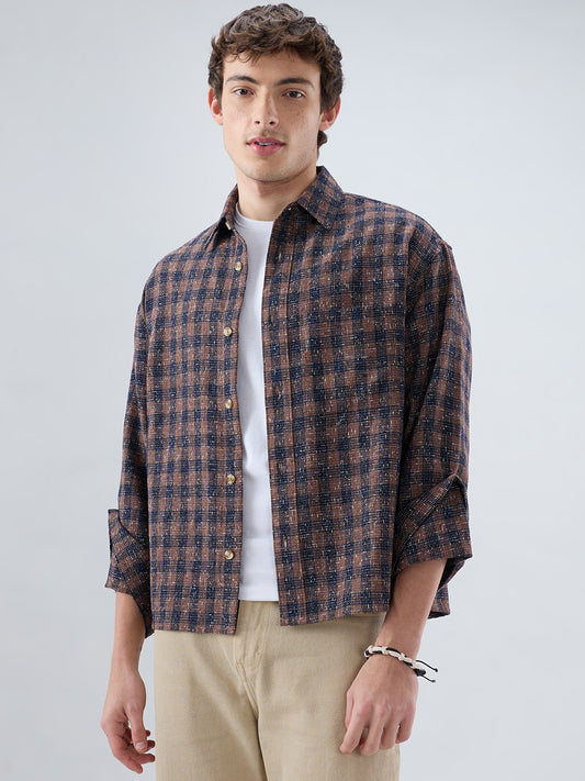 Raunak Edit Glossy Navy & Brown Checked Oversized Crop Shirt