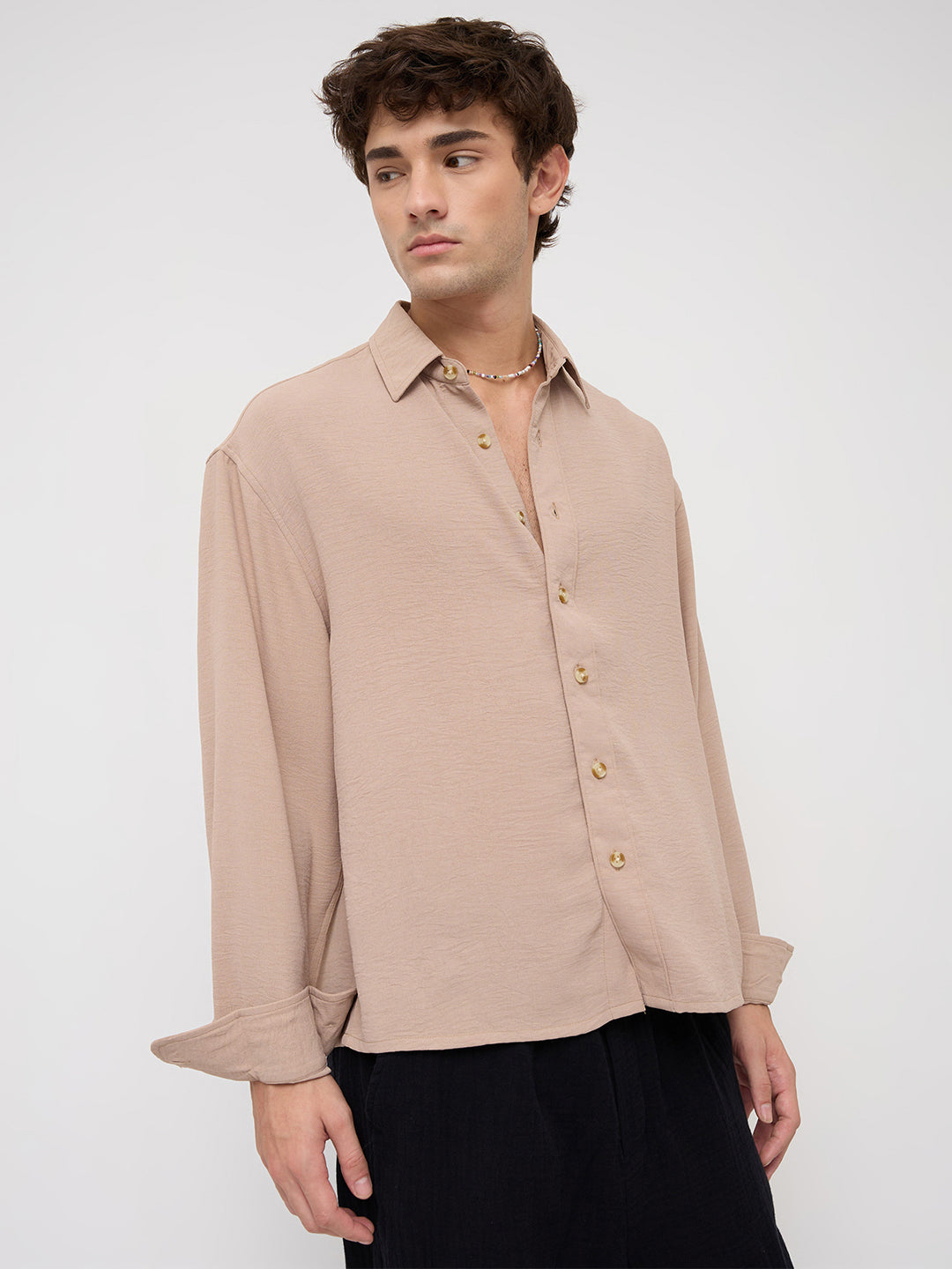 Soft Khaki Lightweight Crinkled Boxy Fit Crop Shirt