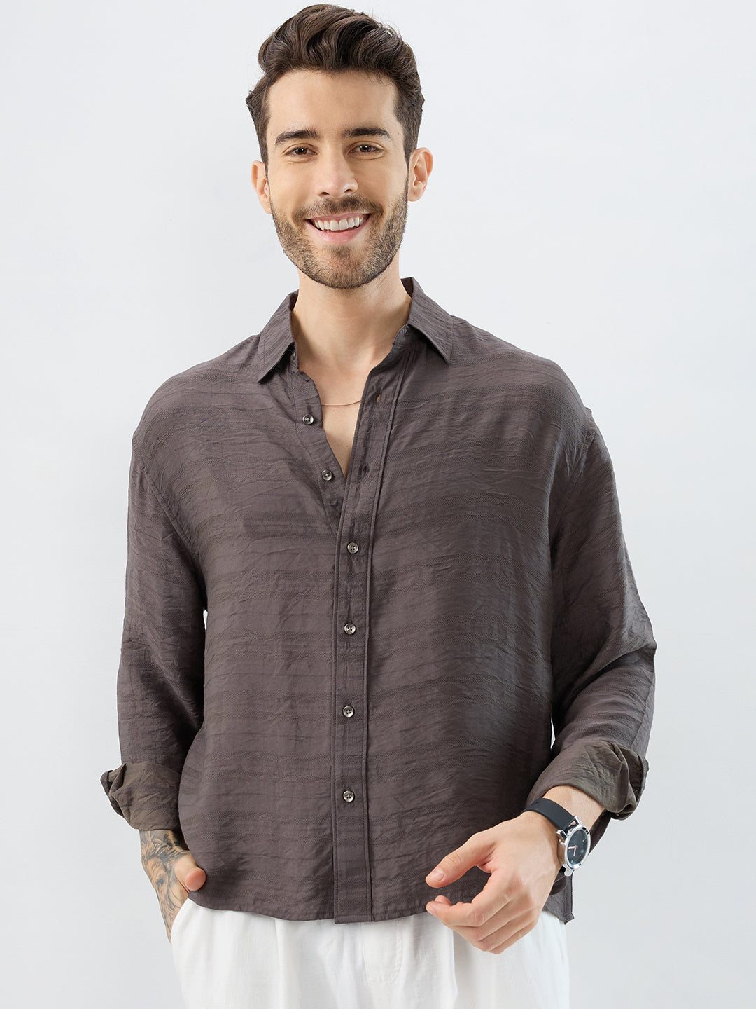 Rustic Brown Horizontal Textured Boxy Fit Crop Shirt