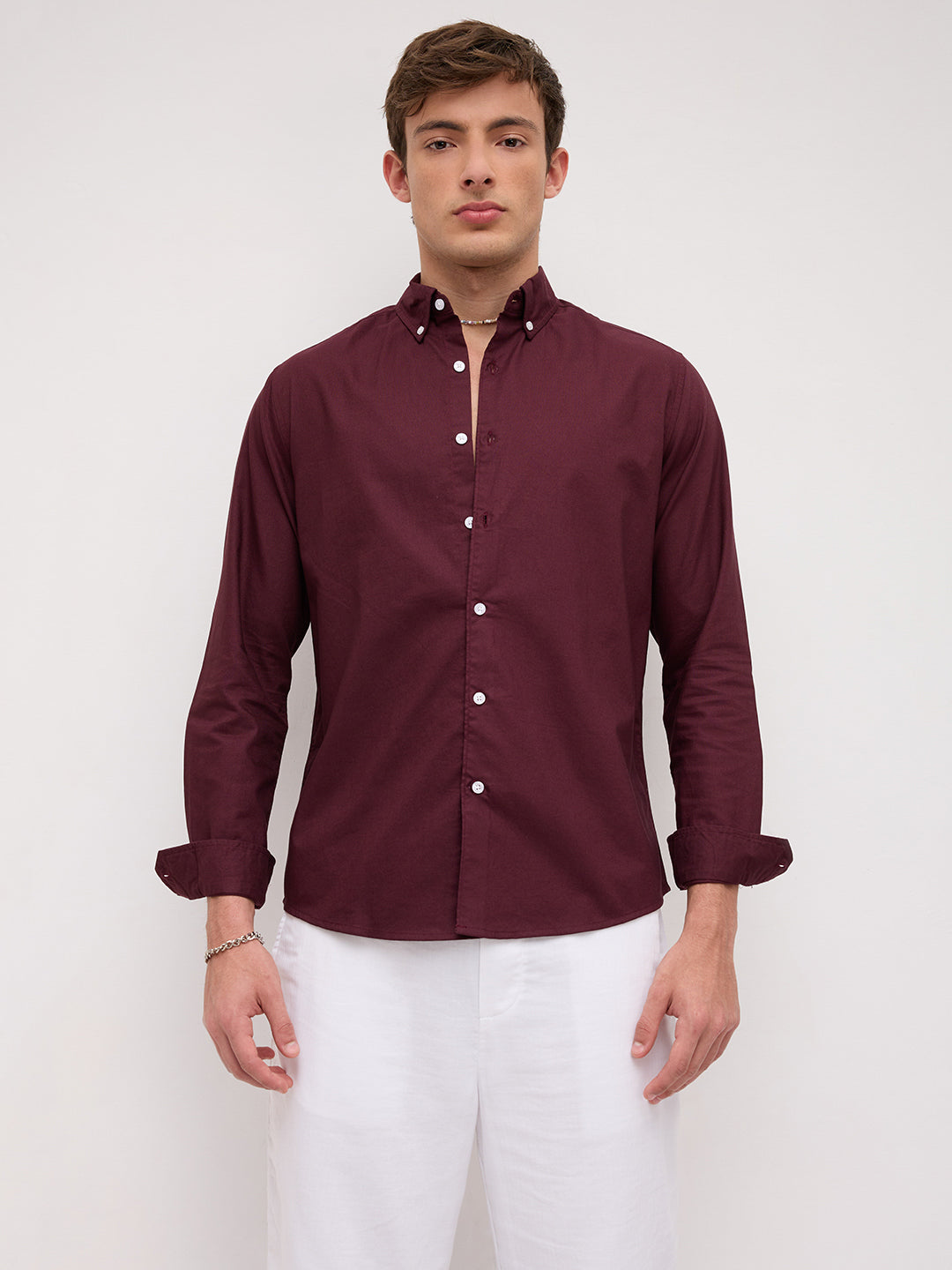 Elegant Wine Oxford Button-Down Collar Business Shirt
