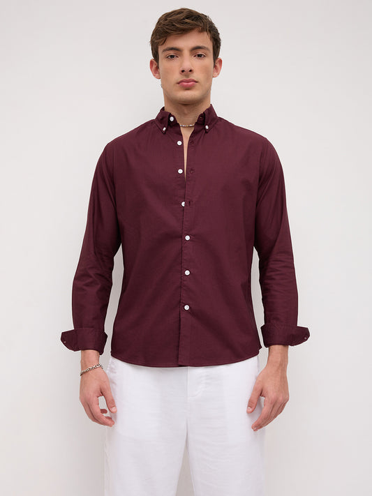 Elegant Wine Oxford Button-Down Collar Business Shirt