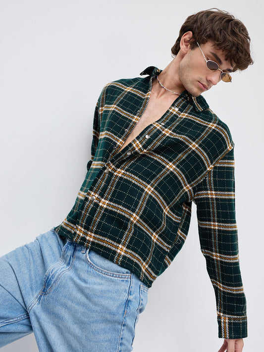 Forest Green Tartan Checked Boxy Fit Crop Flannel Shirt