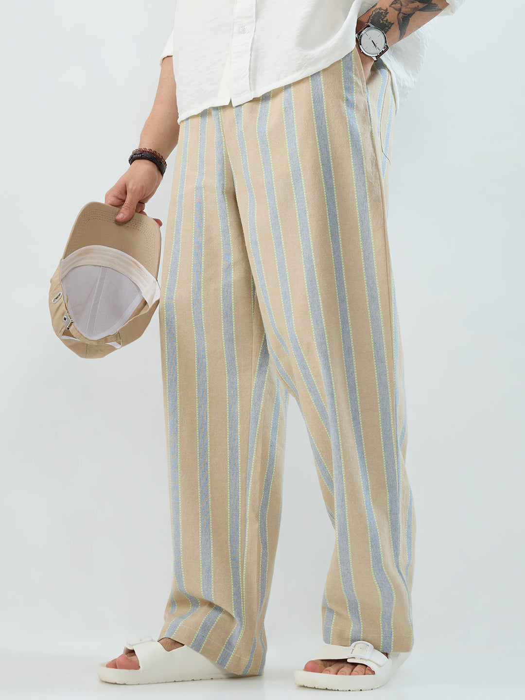 Camel Beige & Navy Striped Straight-Fit Trousers