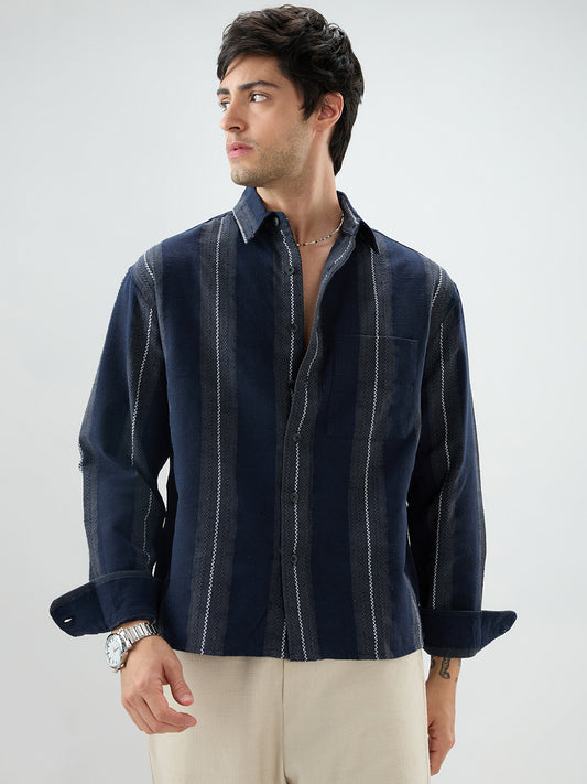 Navy Contrast Panel Fine Weave Boxy Fit Crop Shirt