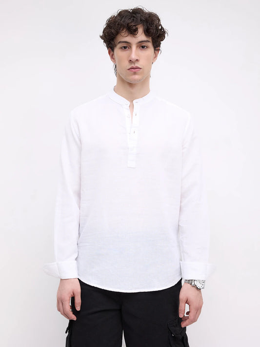 Pearl White Slub Textured Linen Blend Kurta