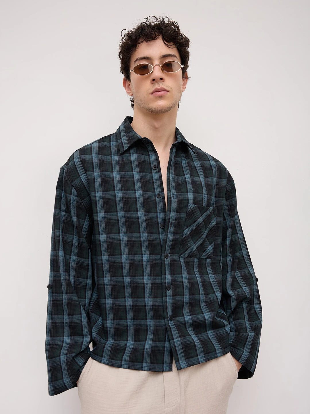 Turkish Blue Plaid Checks Cuffless Oversized Crop Shirt