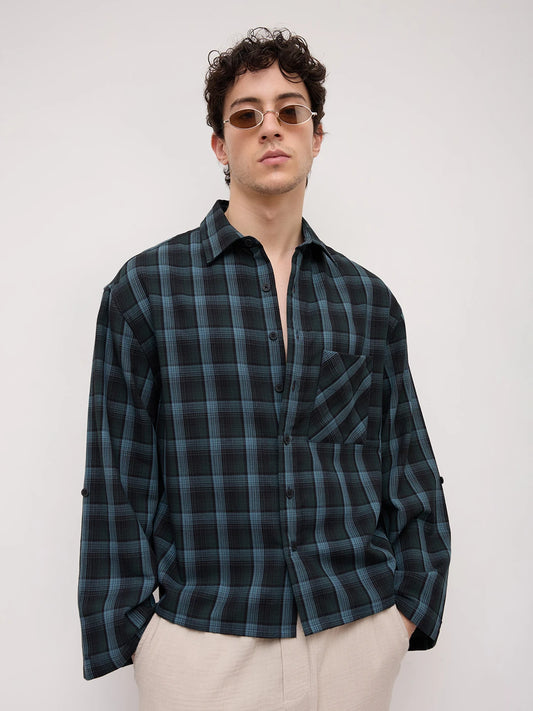 Turkish Blue Plaid Checks Cuffless Oversized Crop Shirt