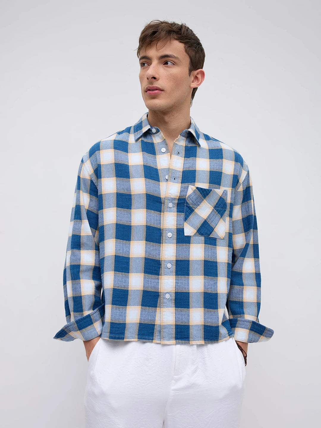 Denim Blue & Beige Box Checks Boxy Fit Crop Shirt