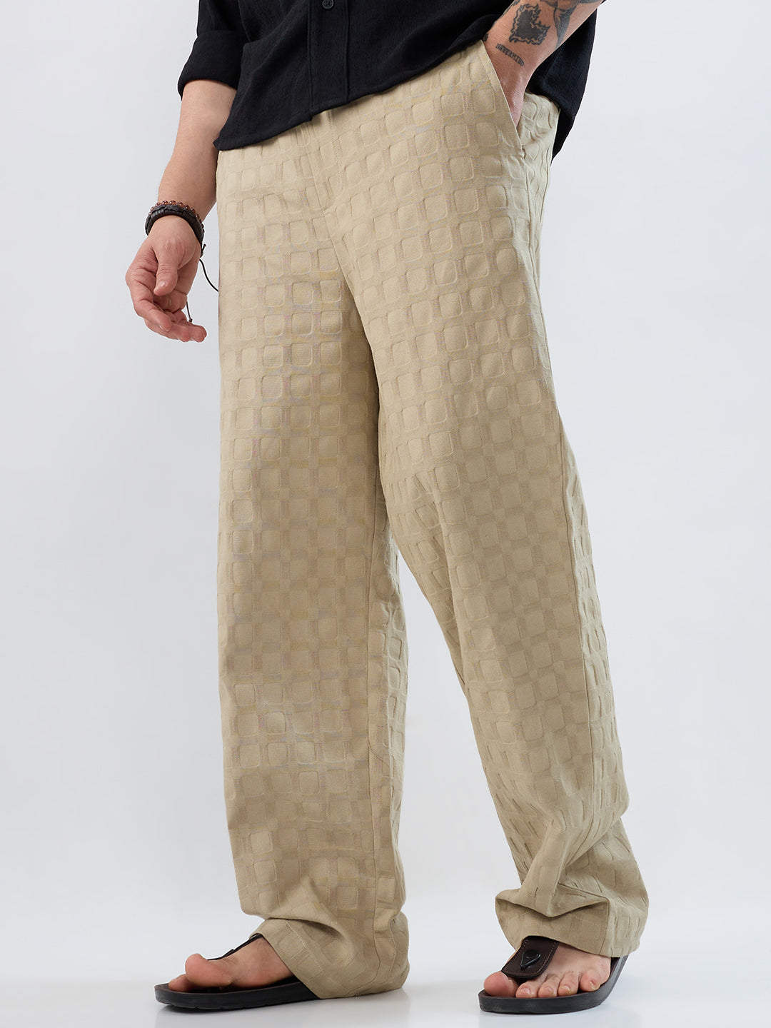 Light Khaki Square Emboss Straight-Fit Trousers