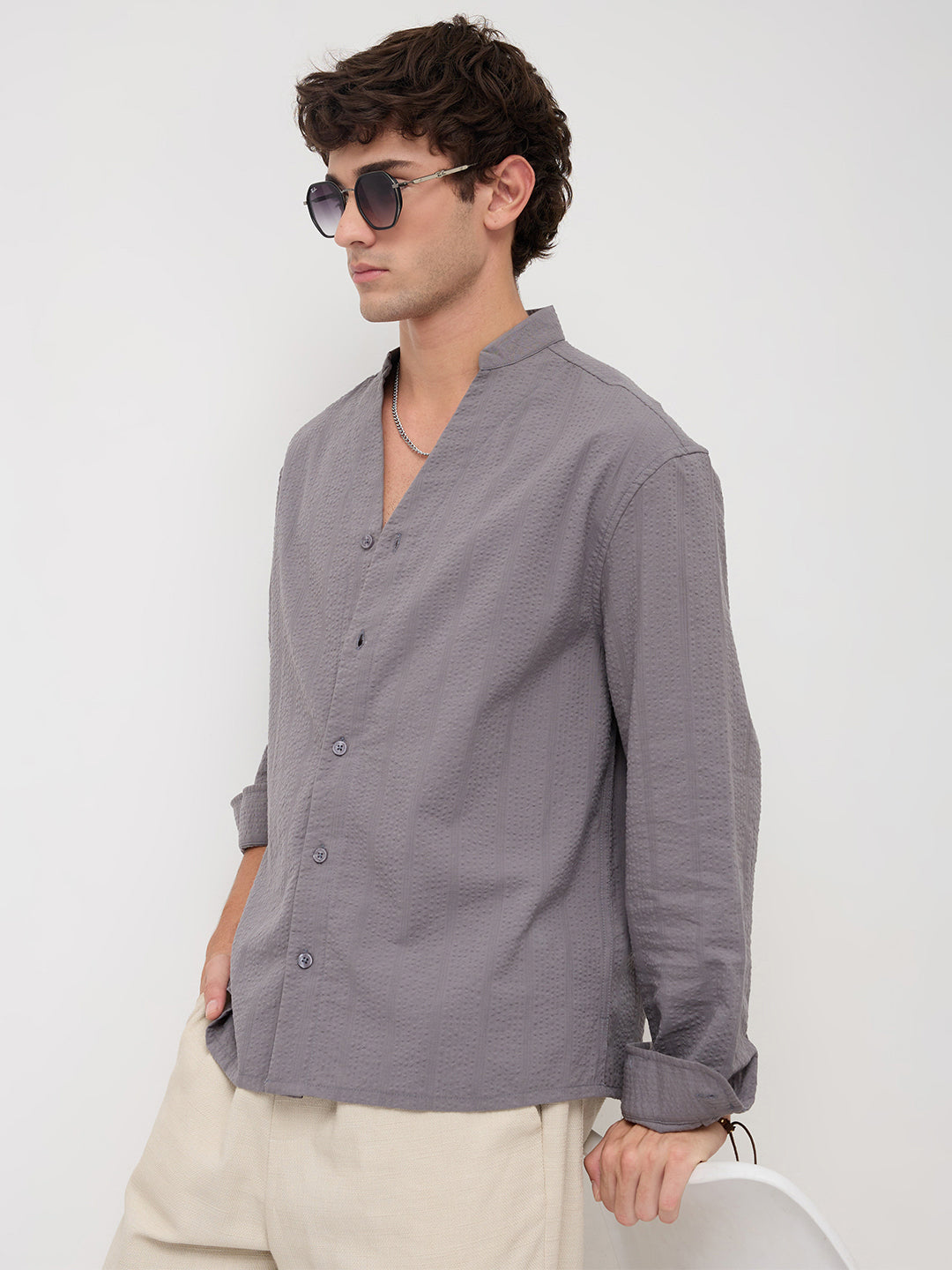Grey Seersucker Striped Stand Collar Oversized Shirt