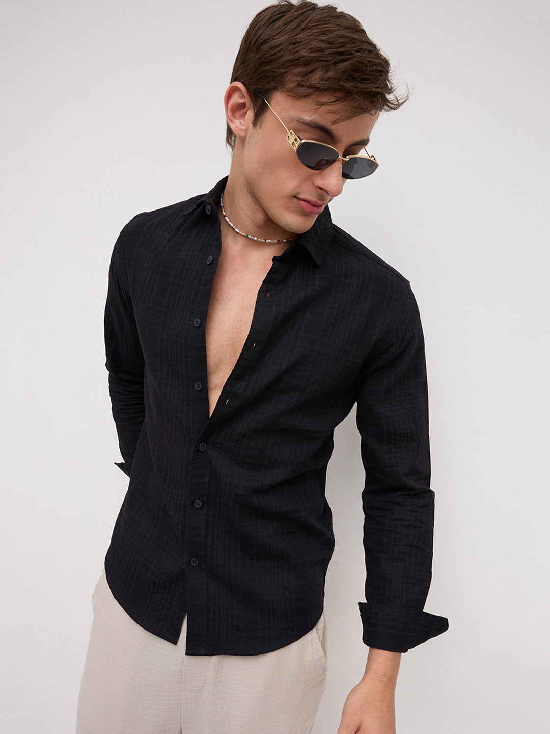Plush Black Ledger Checks Double Cloth Shirt