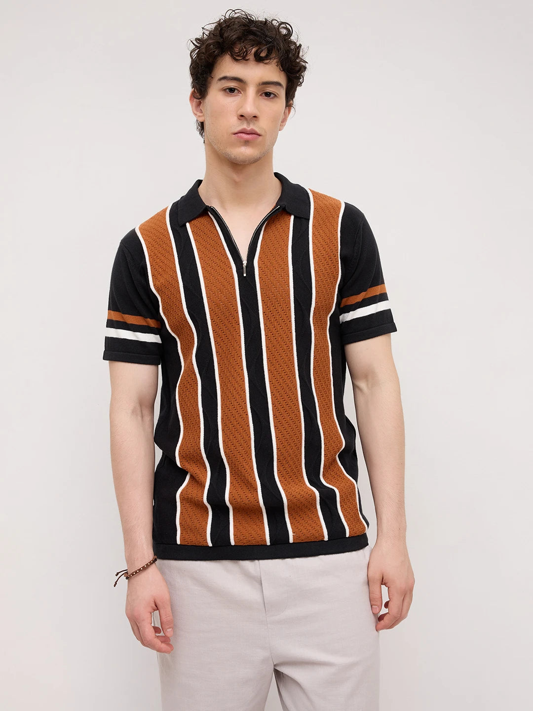 Rust Artisian Panel Striped Polo Zip Flat Knit T-shirt