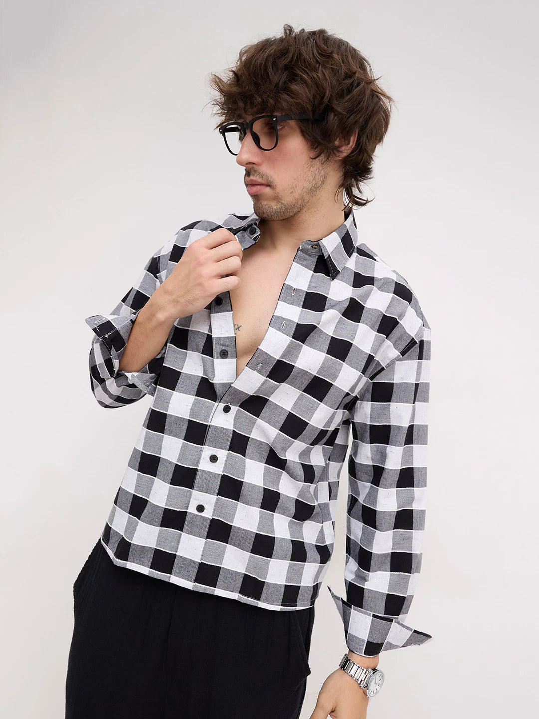 Black & White Ghingham Checks Boxy Fit Crop Shirt