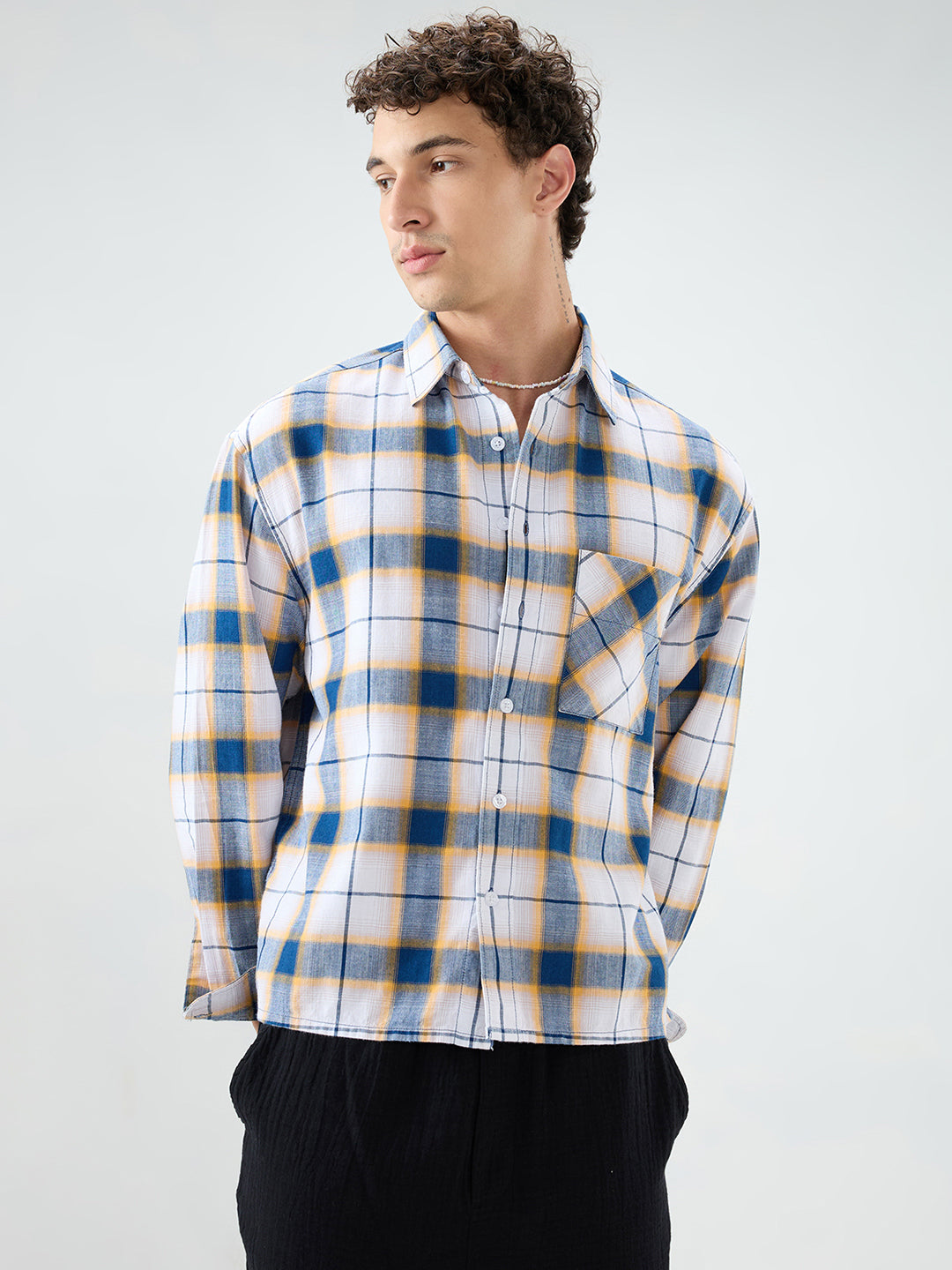 Denim Blue Herringbone Windowpane Checks Boxy Fit Shirt
