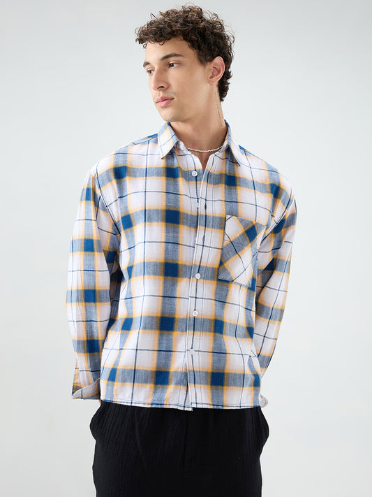 Denim Blue Herringbone Windowpane Checks Boxy Fit Shirt