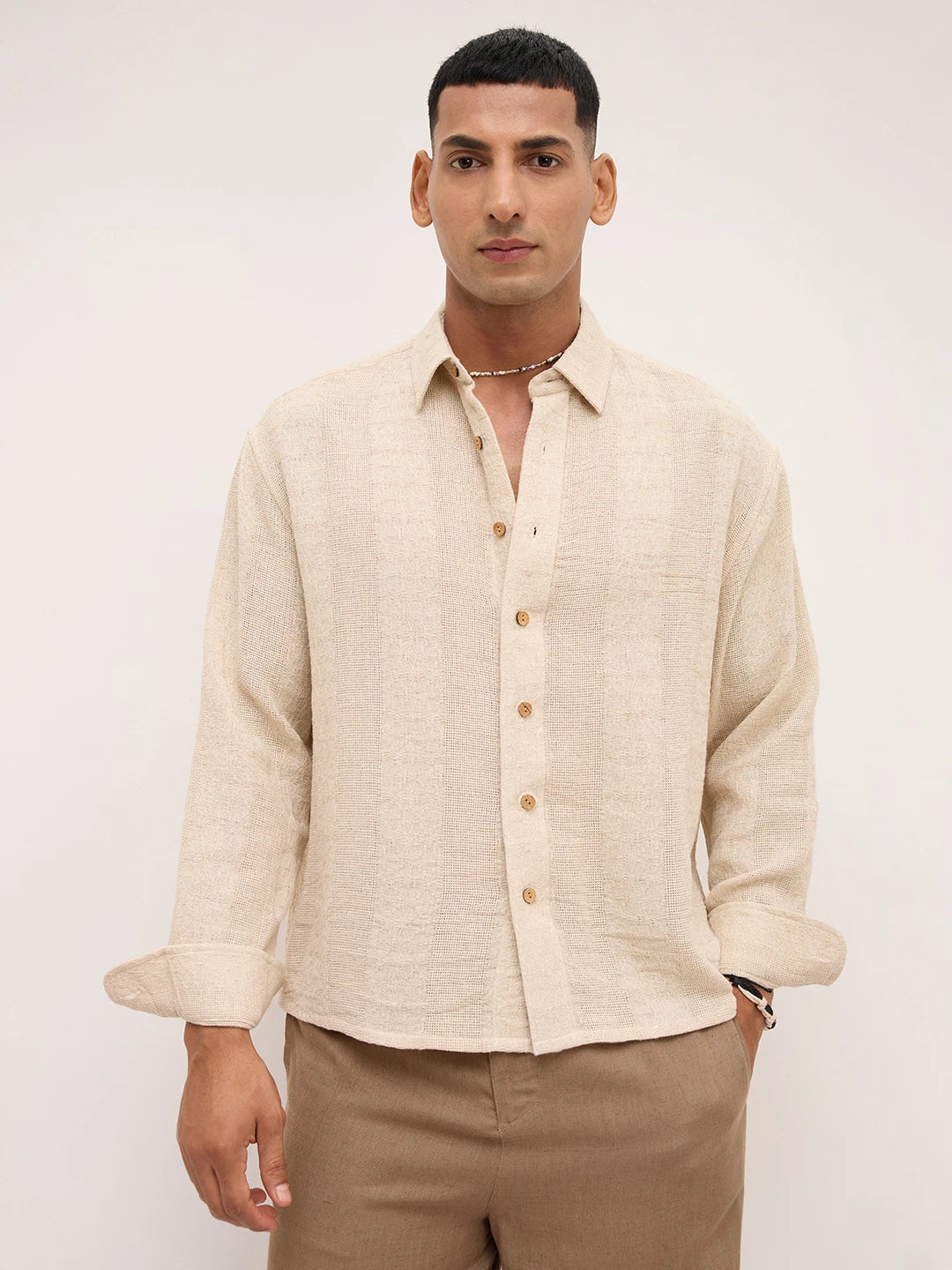 Exquisite Burlap Beige Striped Textured Boxy Fit Crop Shirt