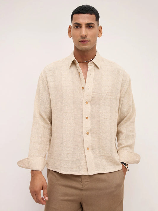 Exquisite Burlap Beige Striped Textured Boxy Fit Crop Shirt