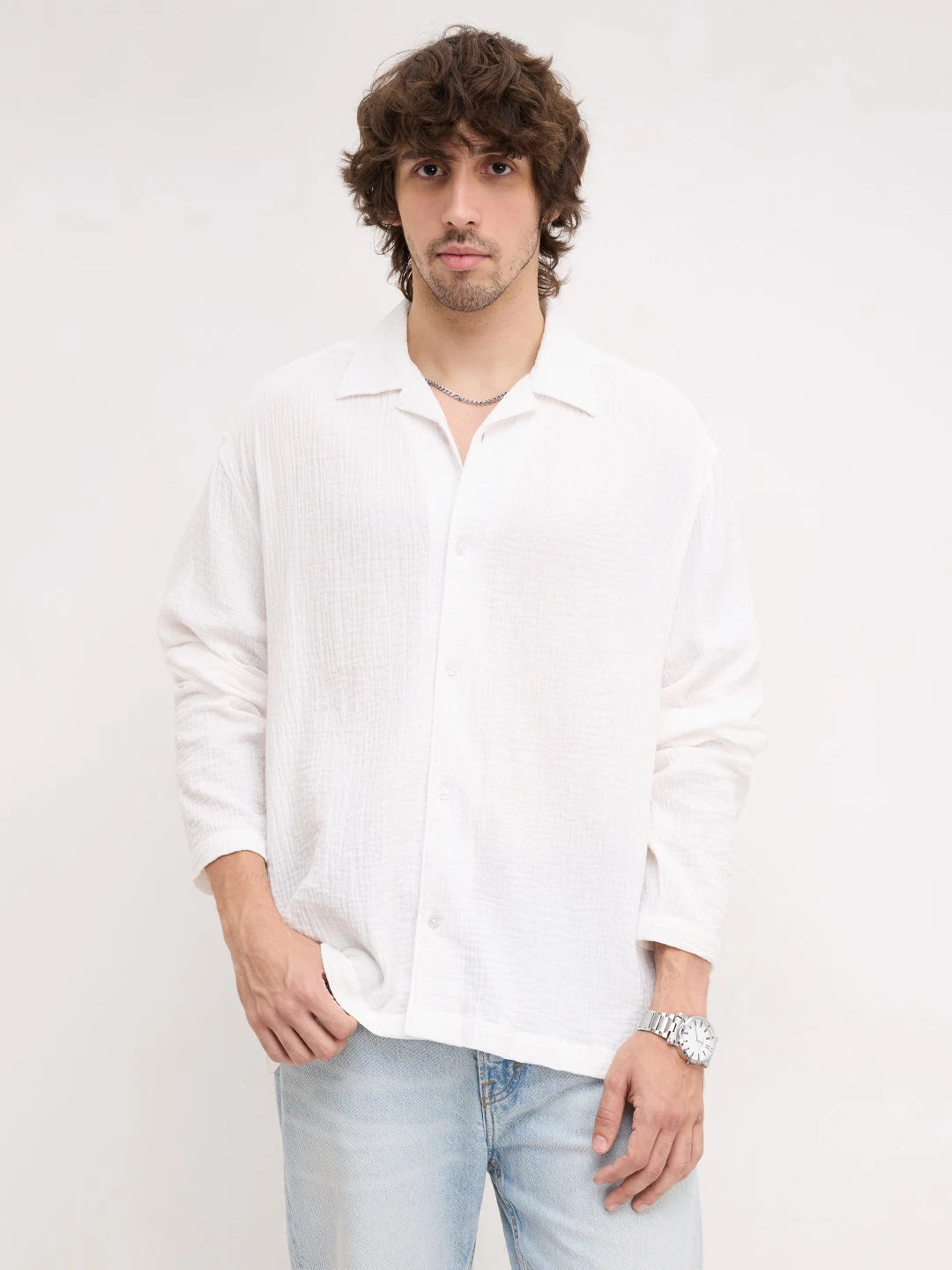 Snow White Double Cloth Notch Collar Oversized Shirt