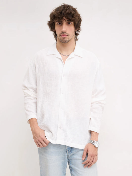 Snow White Double Cloth Notch Collar Oversized Shirt
