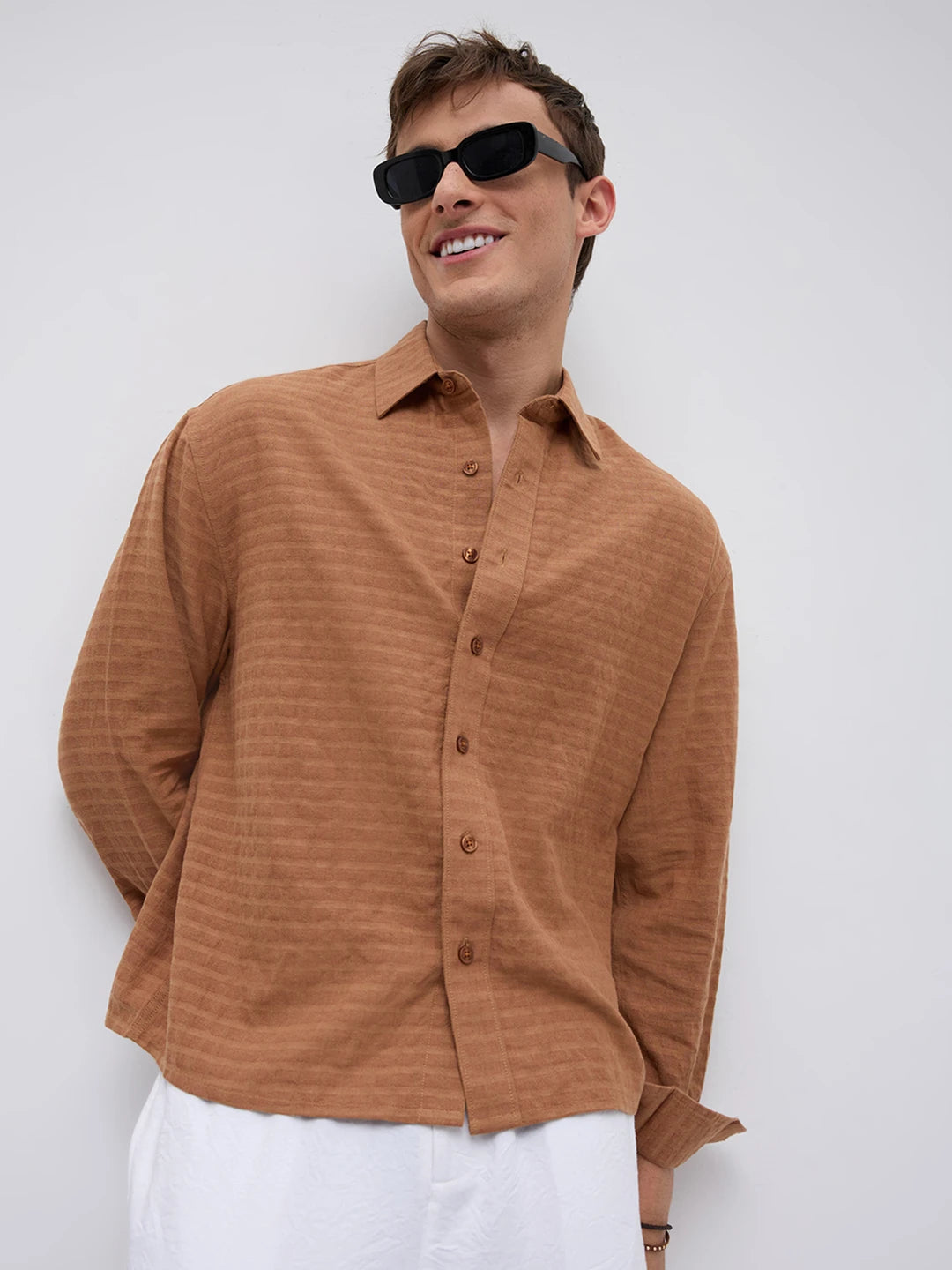 Burnt Ember Brown Block Weave Boxy Fit Crop Shirt
