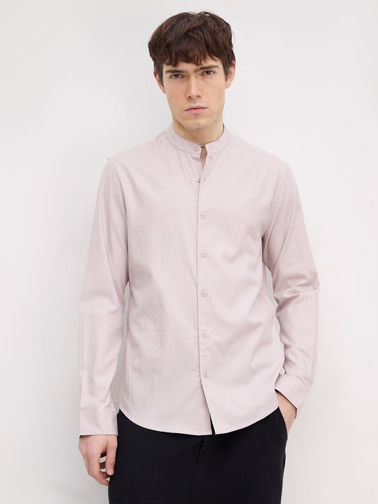 Cosmic Latte Beige Herringbone Textured Mandarin Shirt