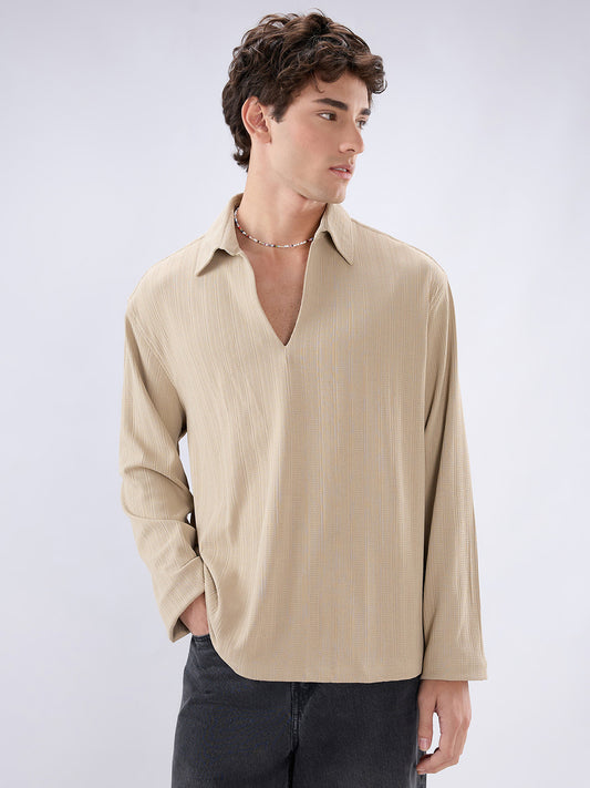 Sand Dune Ribbed Textured Polo Oversized Knitted Shirt