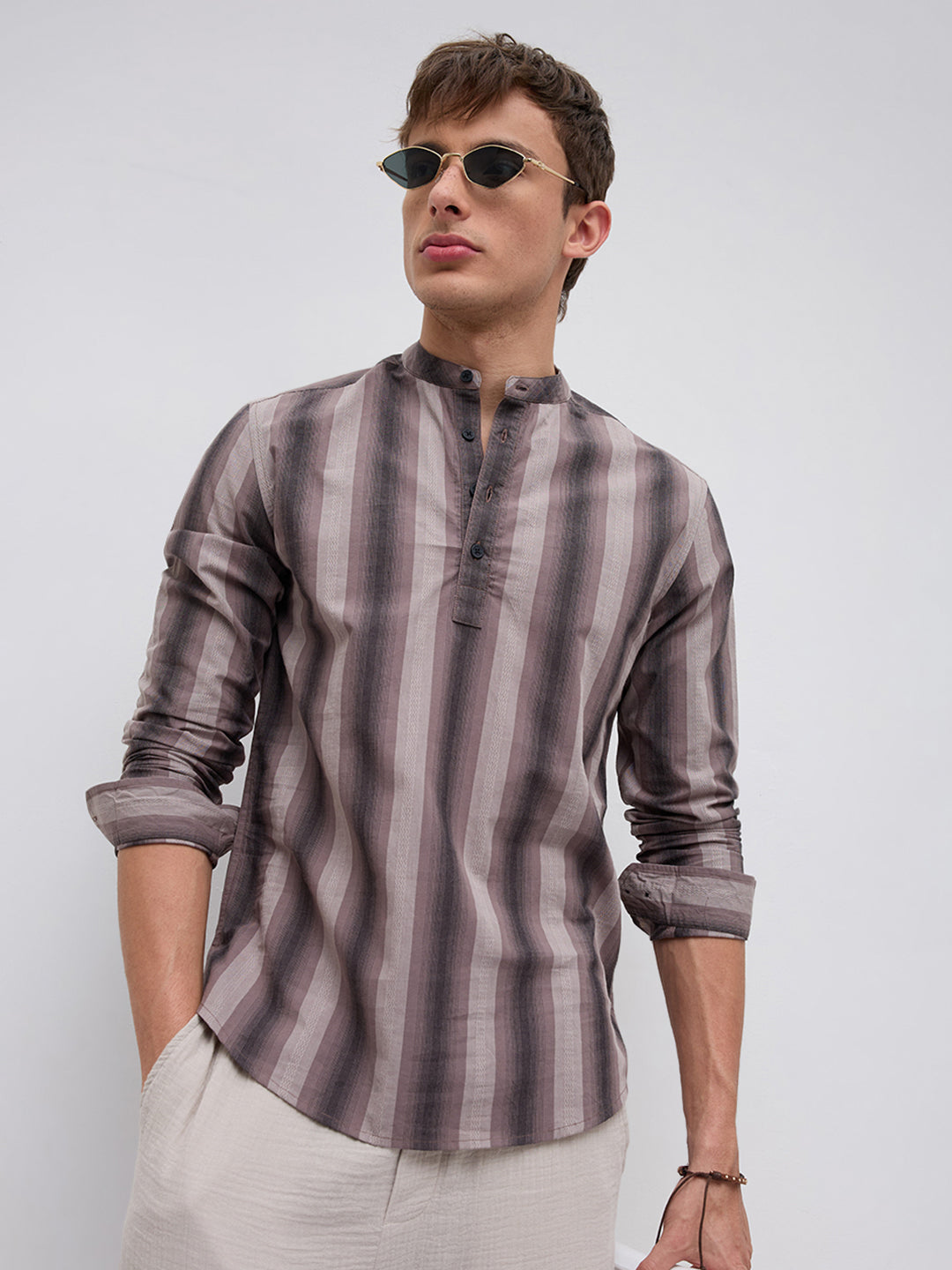 Ash Brown Multi Stripes Essential Kurta