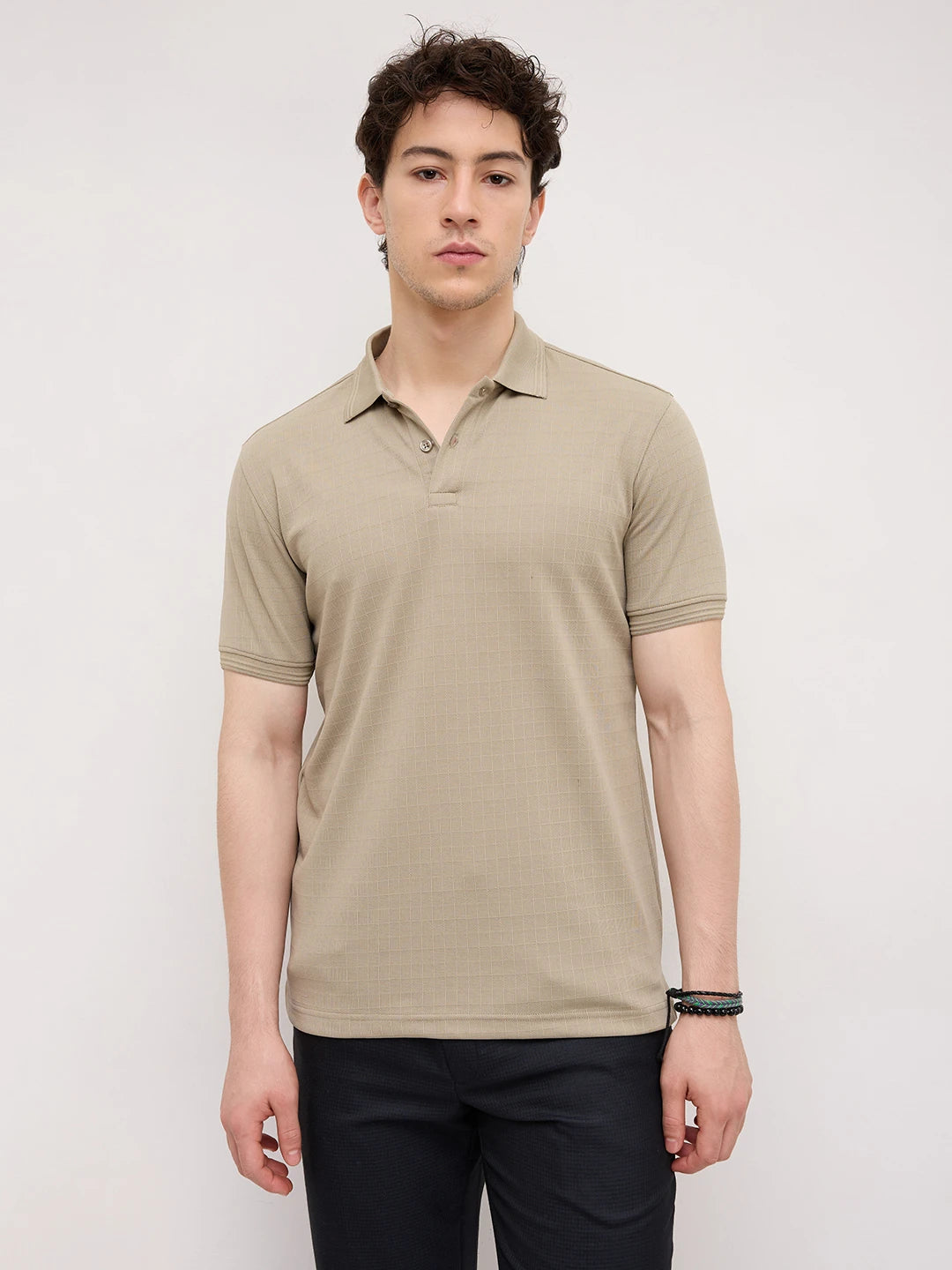 Soft Beige Checks Weave Polo Tee