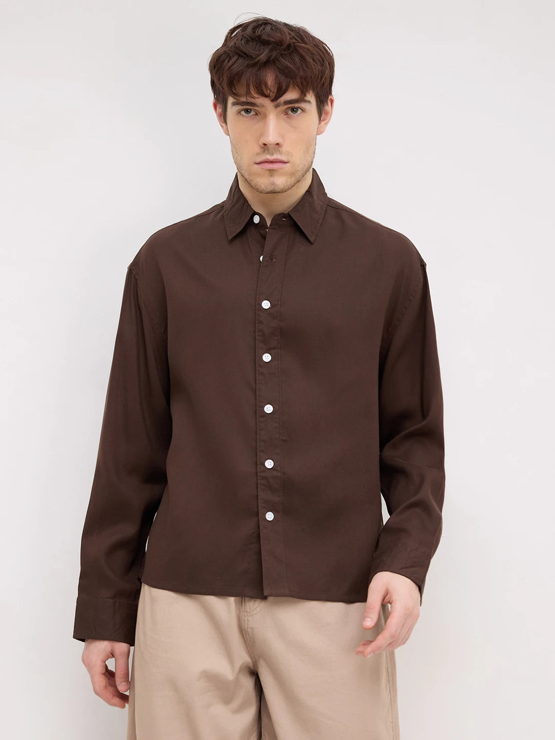 Luxe Espresso Brown Boxy Fit Crop Shirt