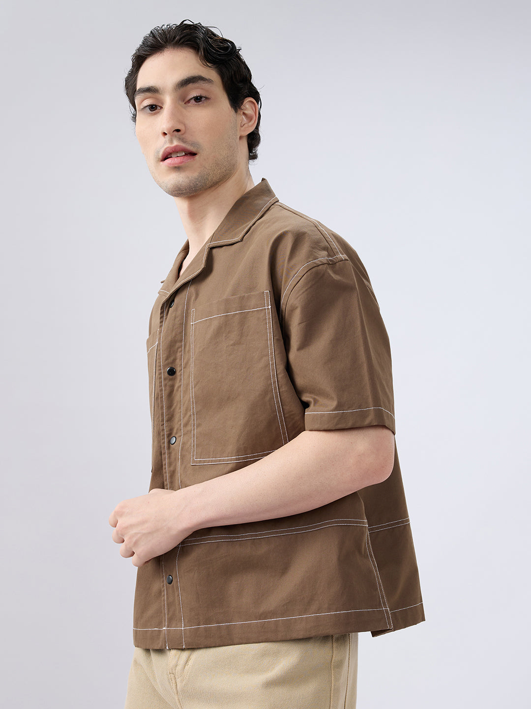 Rustic Cocoa Twin Pocket Oversized Crop Shirt