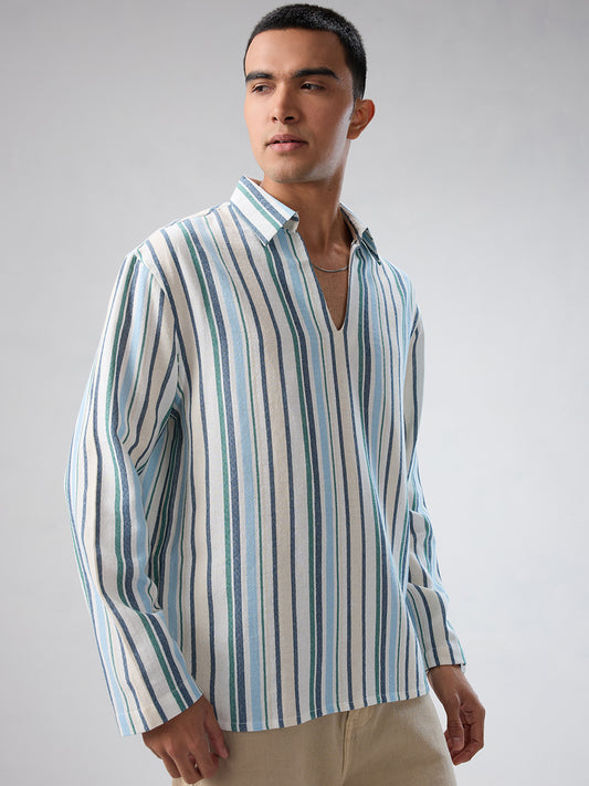 Coastal Blue Striped Oversized Polo Shirt