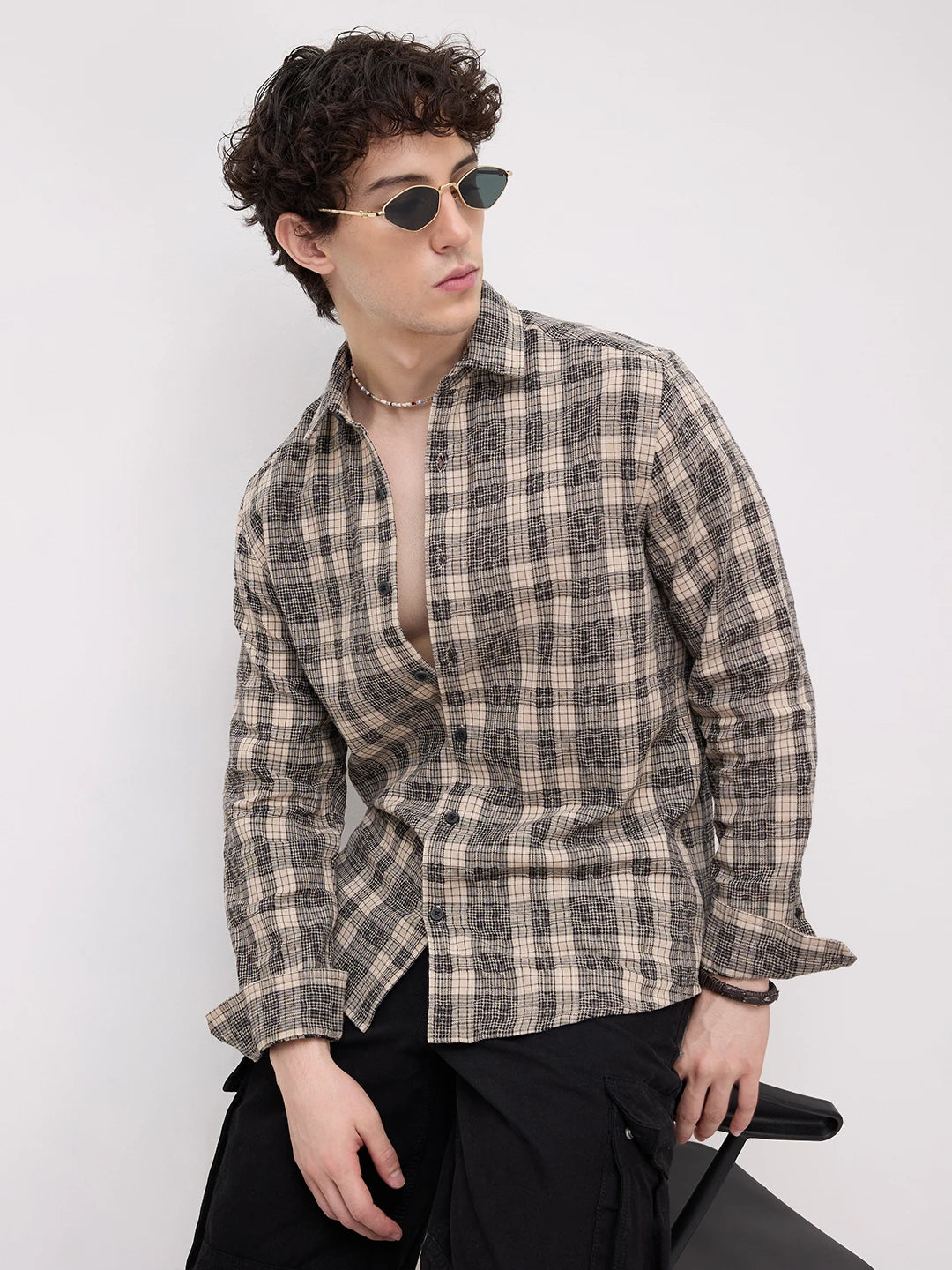 Vintage Beige Plaid Checks Shirt