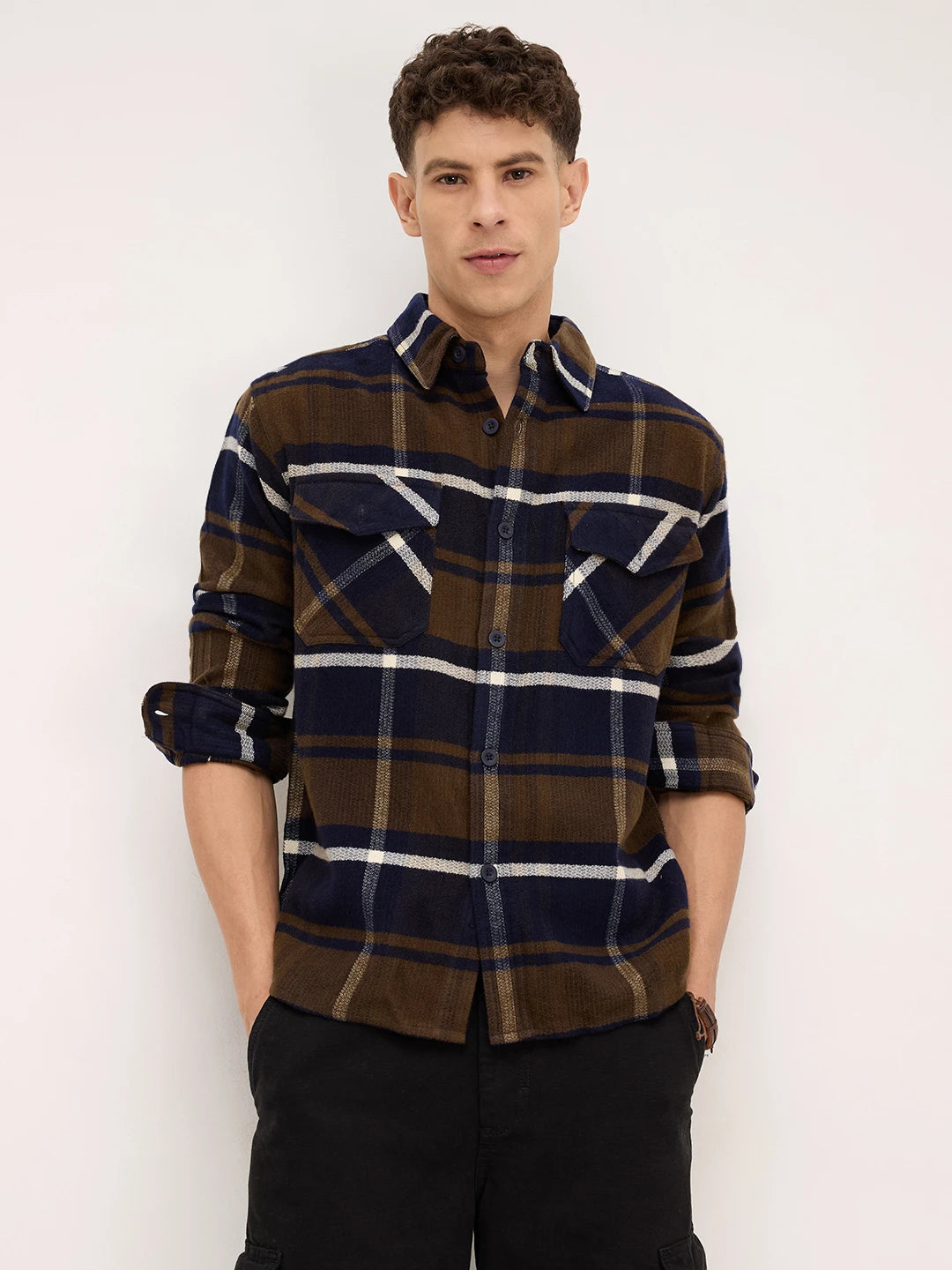 Walnut Brown & Navy Plaid Checks Double Pocket Flannel Shirt