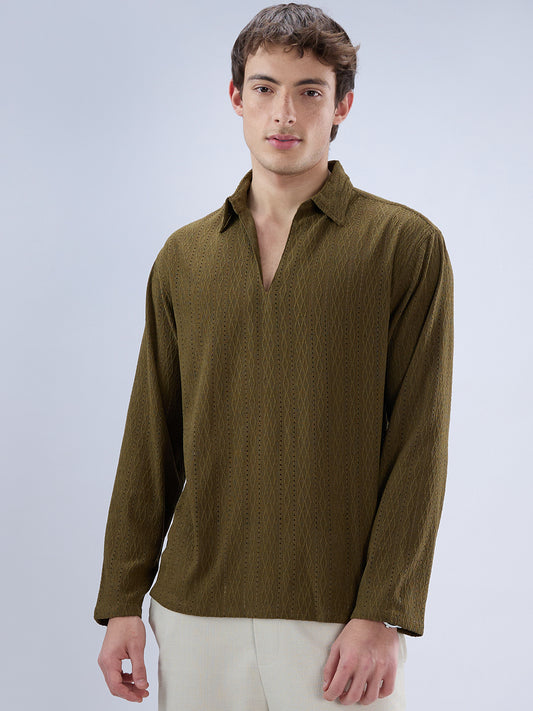 Olive Fine Lozenge Weave Polo Oversized Shirt