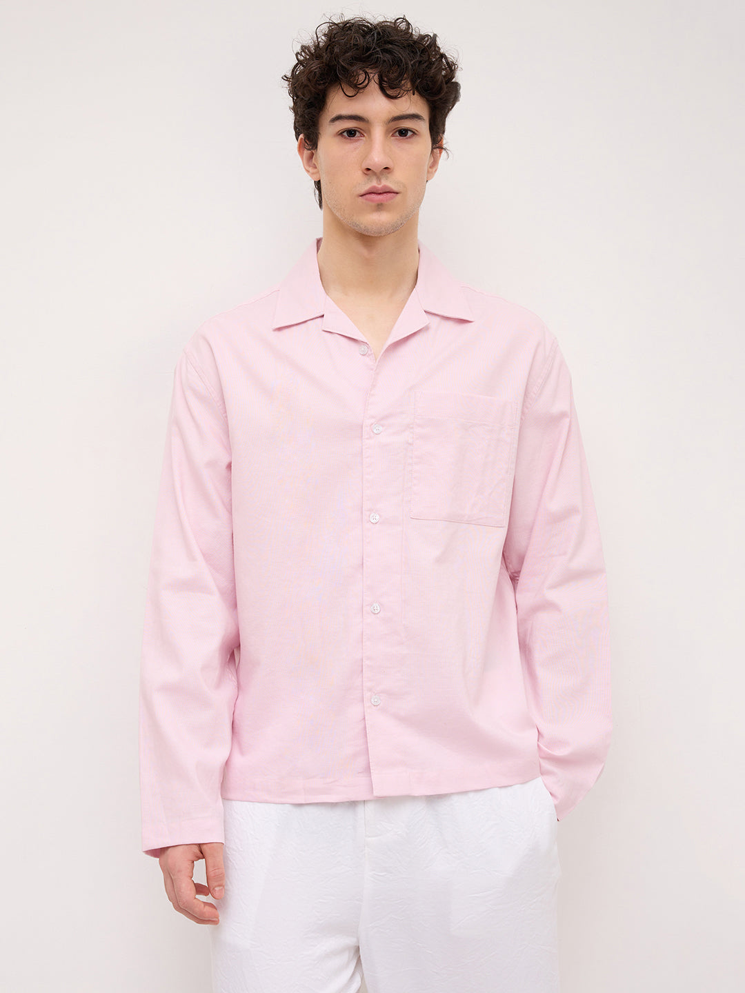 Soft Pink Linen Blend Notch Collar Oversized Shirt