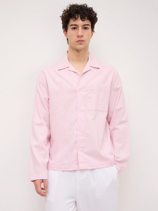 Soft Pink Linen Blend Notch Collar Oversized Shirt