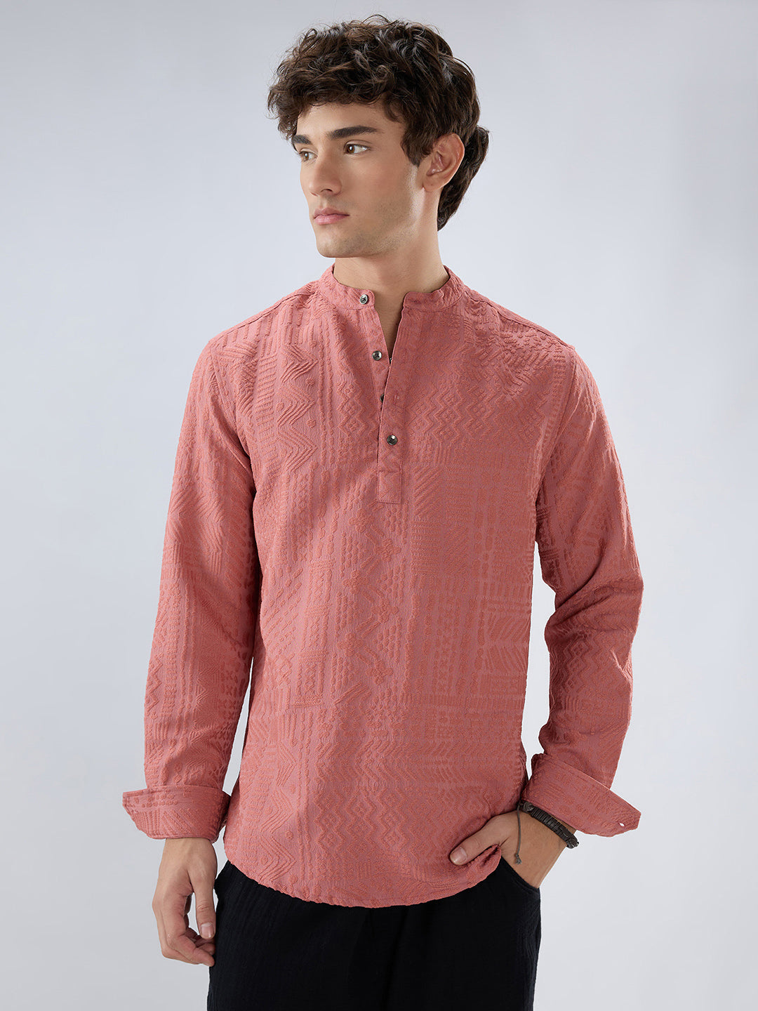 Intricate Soft Coral Textured Kurta