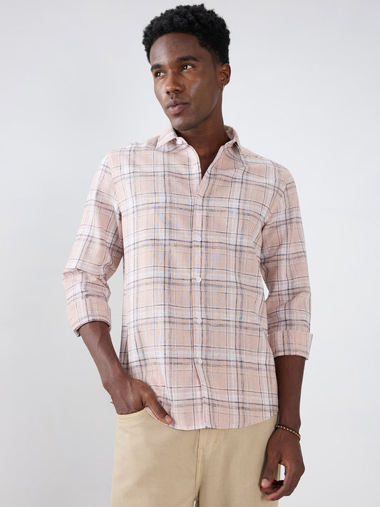 Dusty Pink Contrast Plaid Checks Textured Shirt