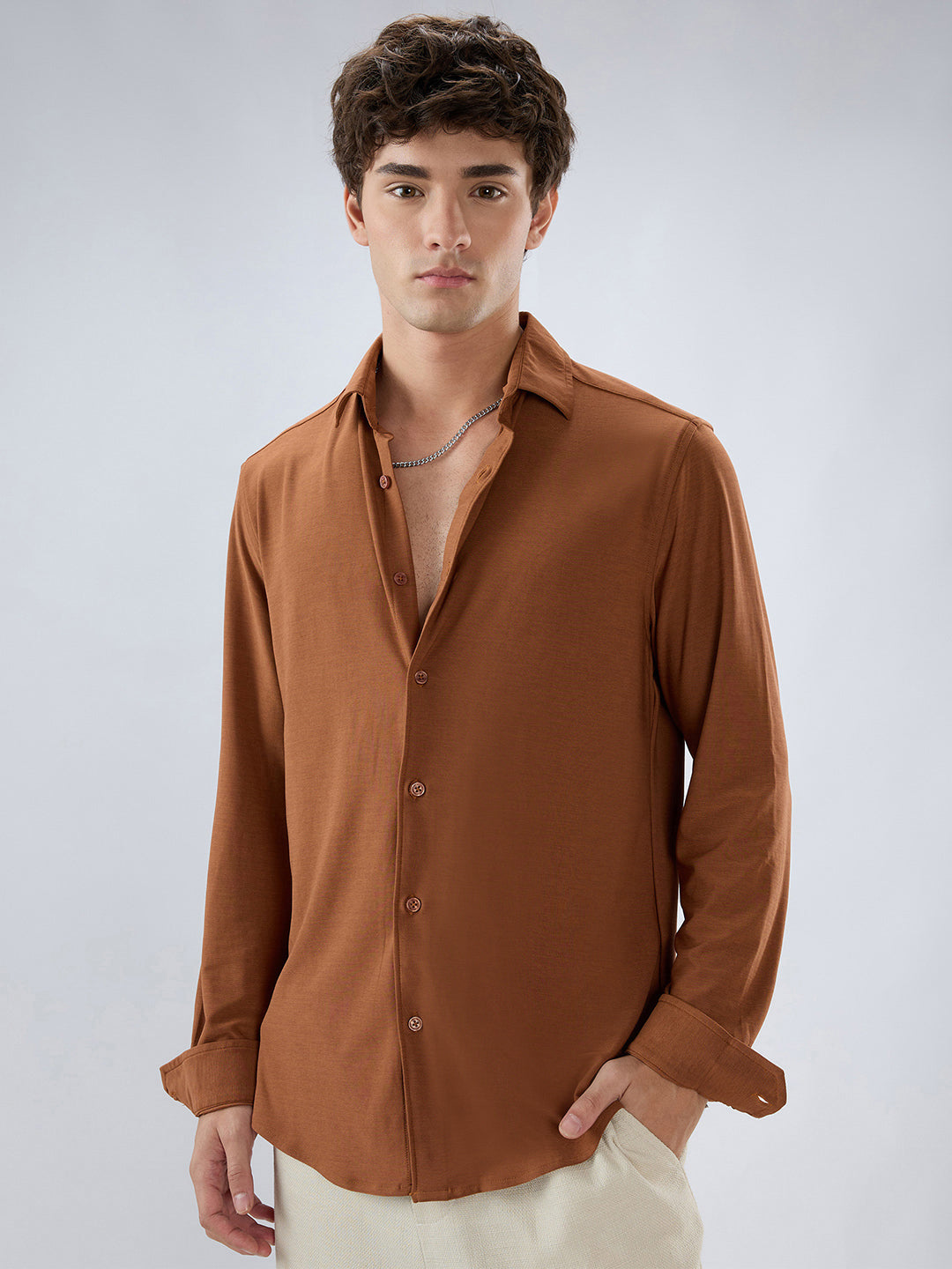 Classic Solid Sienna Brown Knitted Shirt