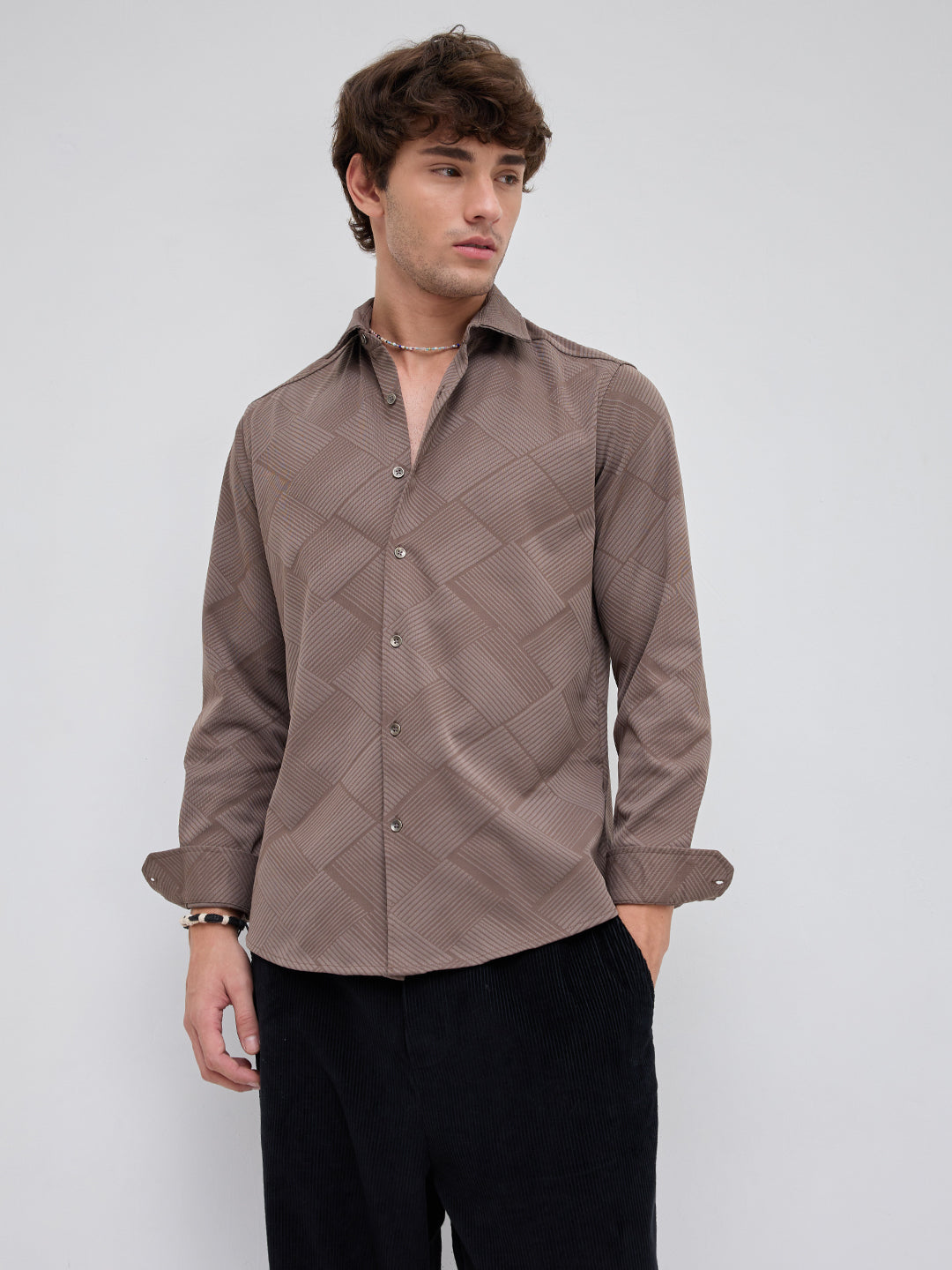 Elegant Brown Block Weave Knitted Shirt
