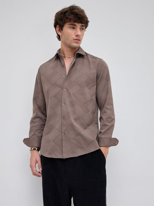Elegant Brown Block Weave Knitted Shirt