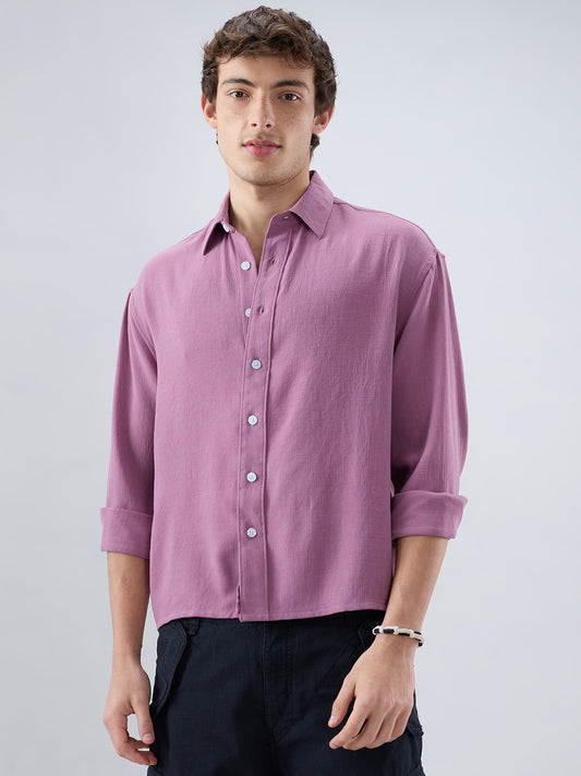 Dust Rose Blush Fine Grid Textured Boxy Fit Crop Shirt