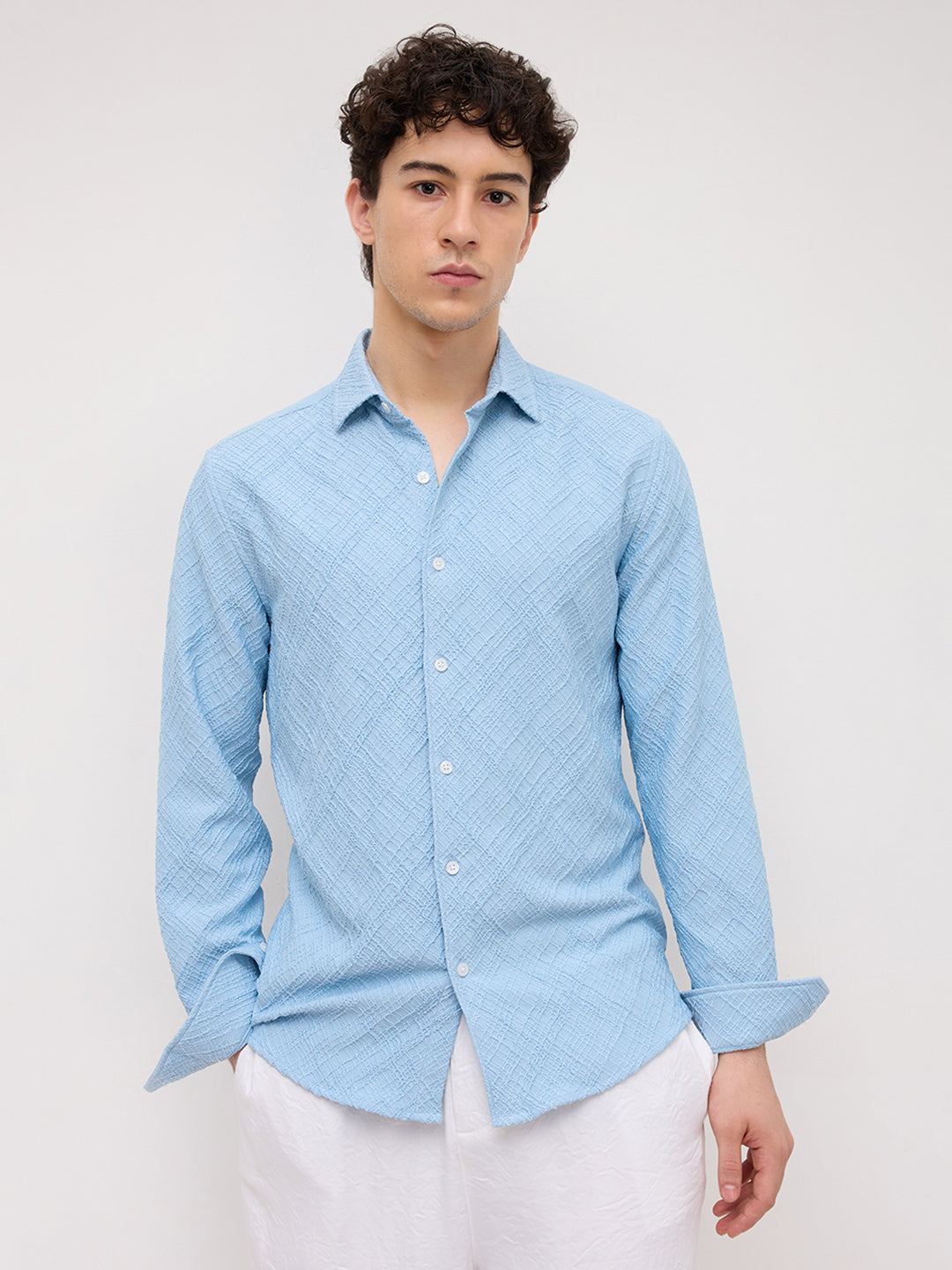 Blue Trellis Weave Textured Shirt