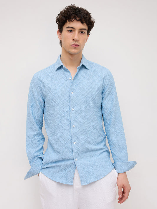 Blue Trellis Weave Textured Shirt
