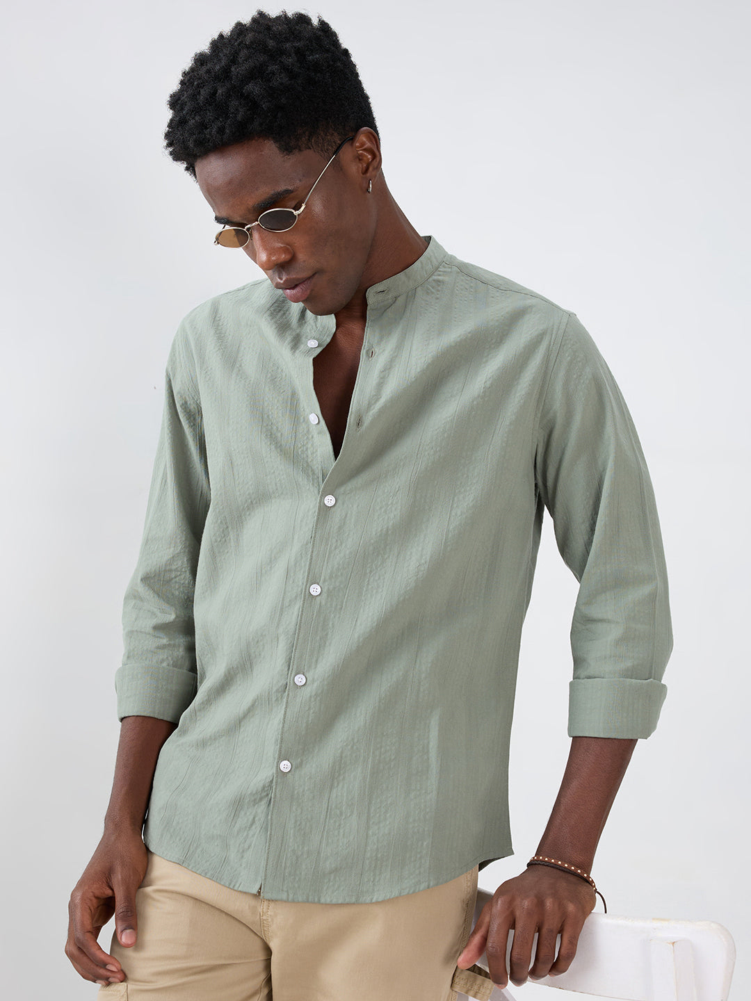 Asparagus Green Seersucker Striped Mandarin Shirt