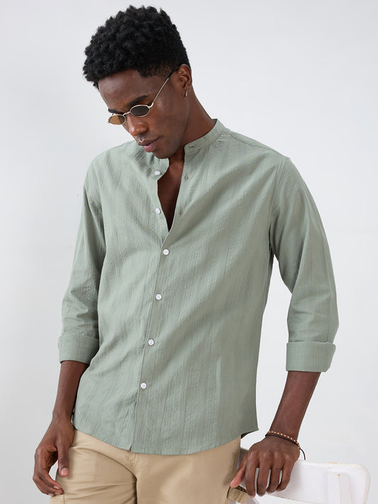 Asparagus Green Seersucker Striped Mandarin Shirt