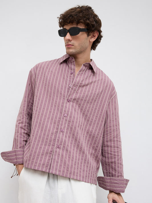 Raspberry Glace Seersucker Contrast Embroidered Boxy Fit Crop Shirt
