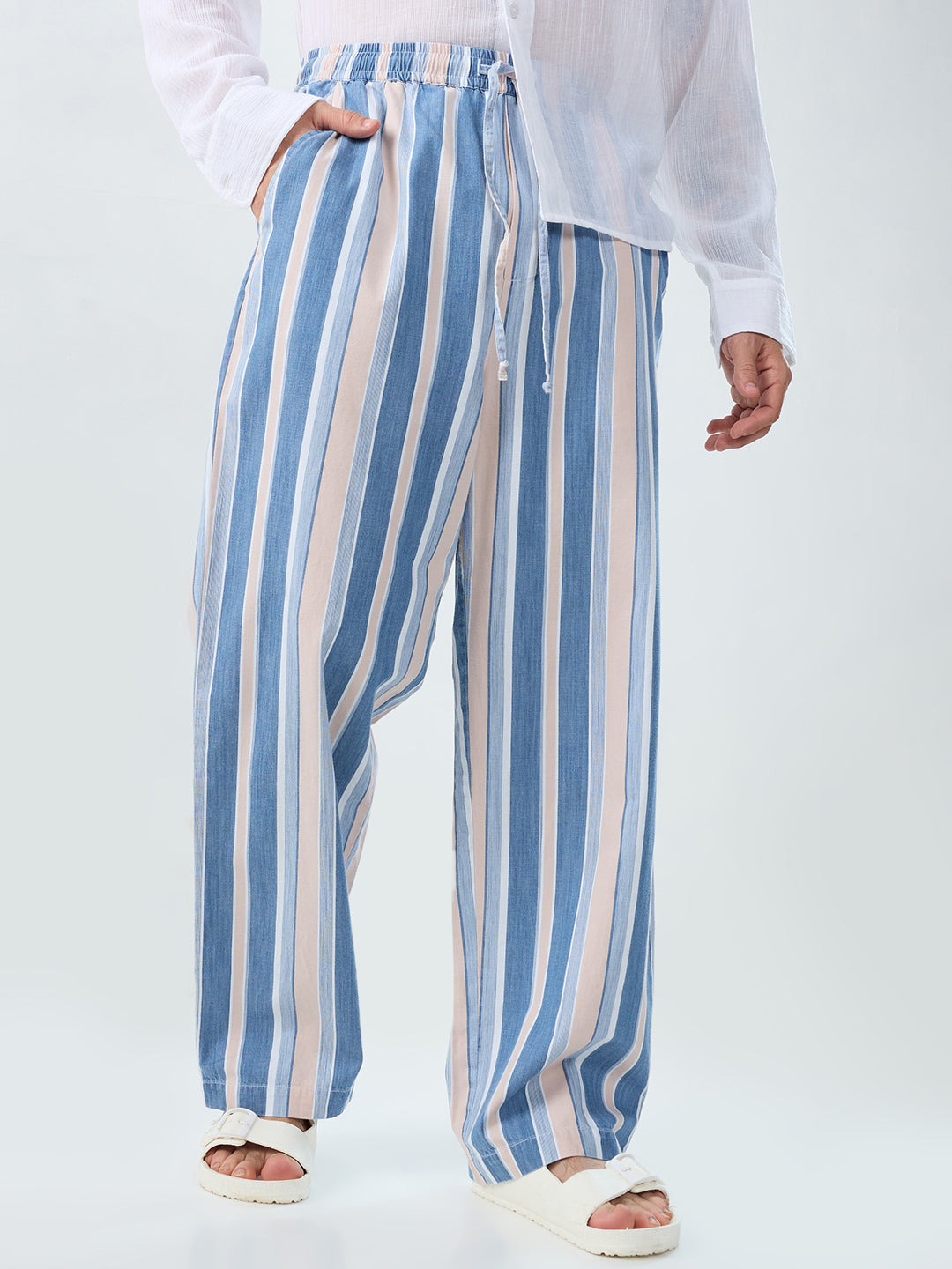 Multi-Tone Denim Striped Straight Fit Trousers