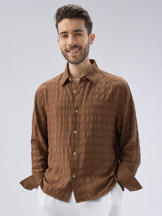 Brown Tonal Textured Side Slit Button Boxy Fit Crop Shirt